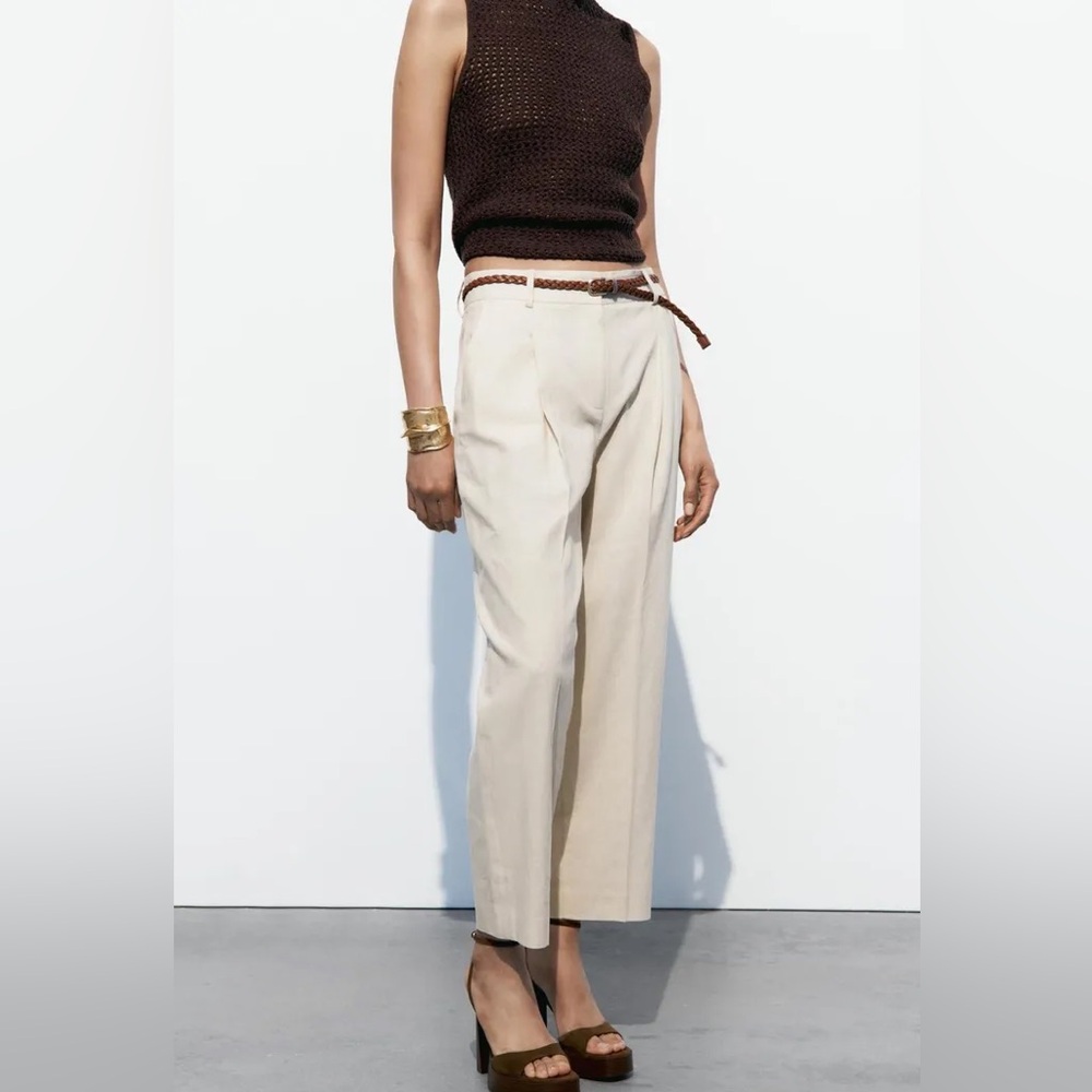 ZARA BRAIDED BELT LINEN BLEND STRAIGHT LEG PANTS